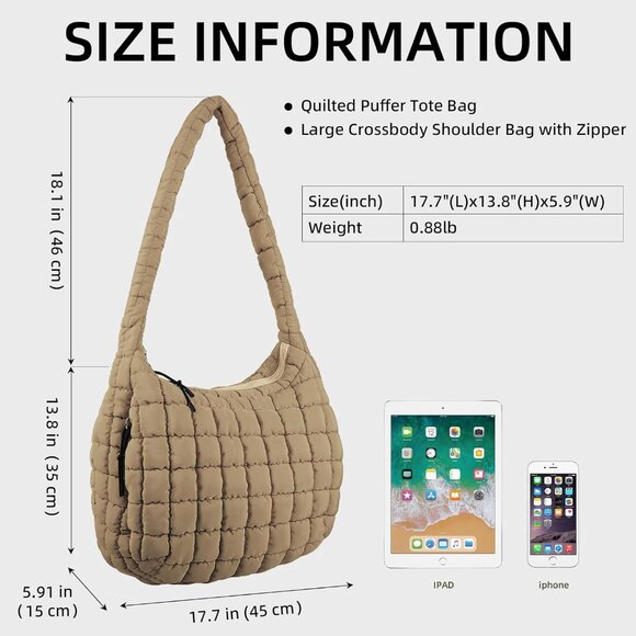 Large Quilted Puffer Shoulder Bag – Trendy Crossbody Tote with Zippered Pockets - Picture 4 of 6